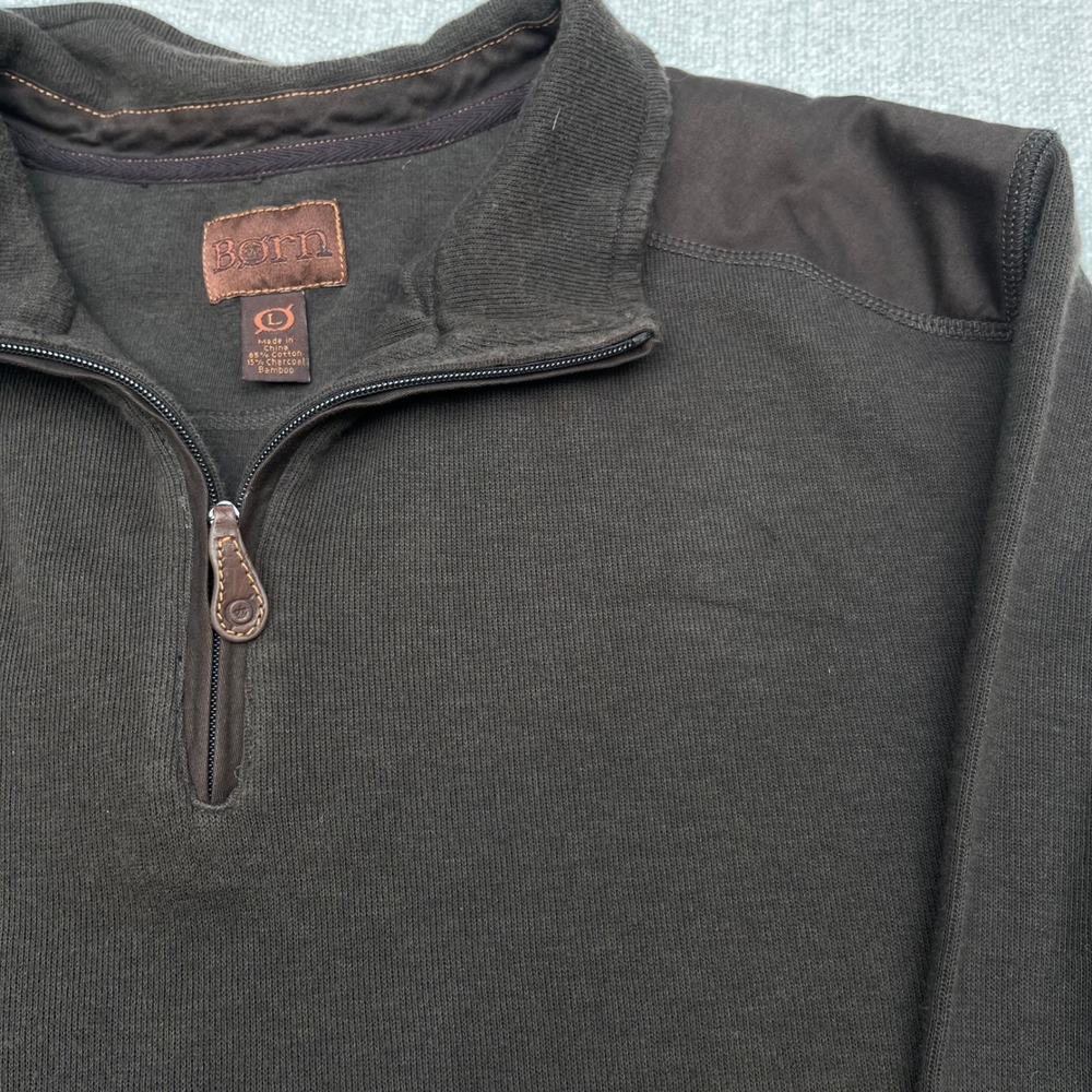 Born Mens Quarter Zip Pullover Sweater Brown Cotton Bamboo Elbow Patches Large